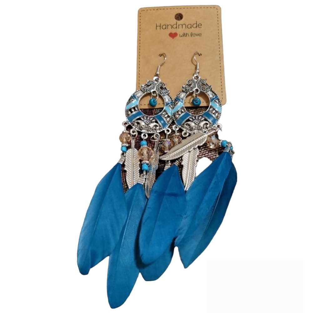 Handmade Upcycled Blue/Teal Colour Feather Earrings. Lot 1